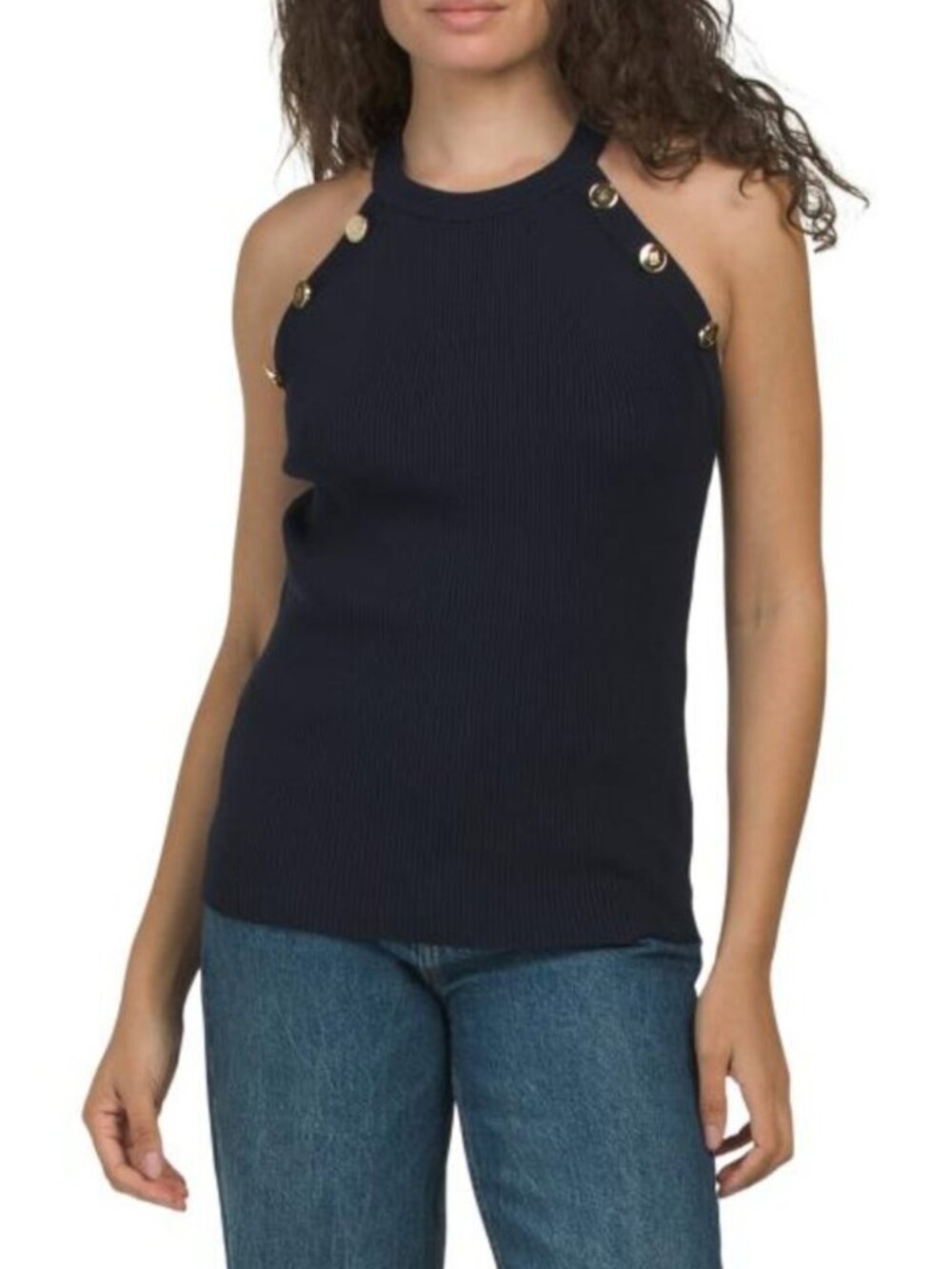 ELIE TAHARI Sleeveless Halter Crew Neck Rib Pull Over Top